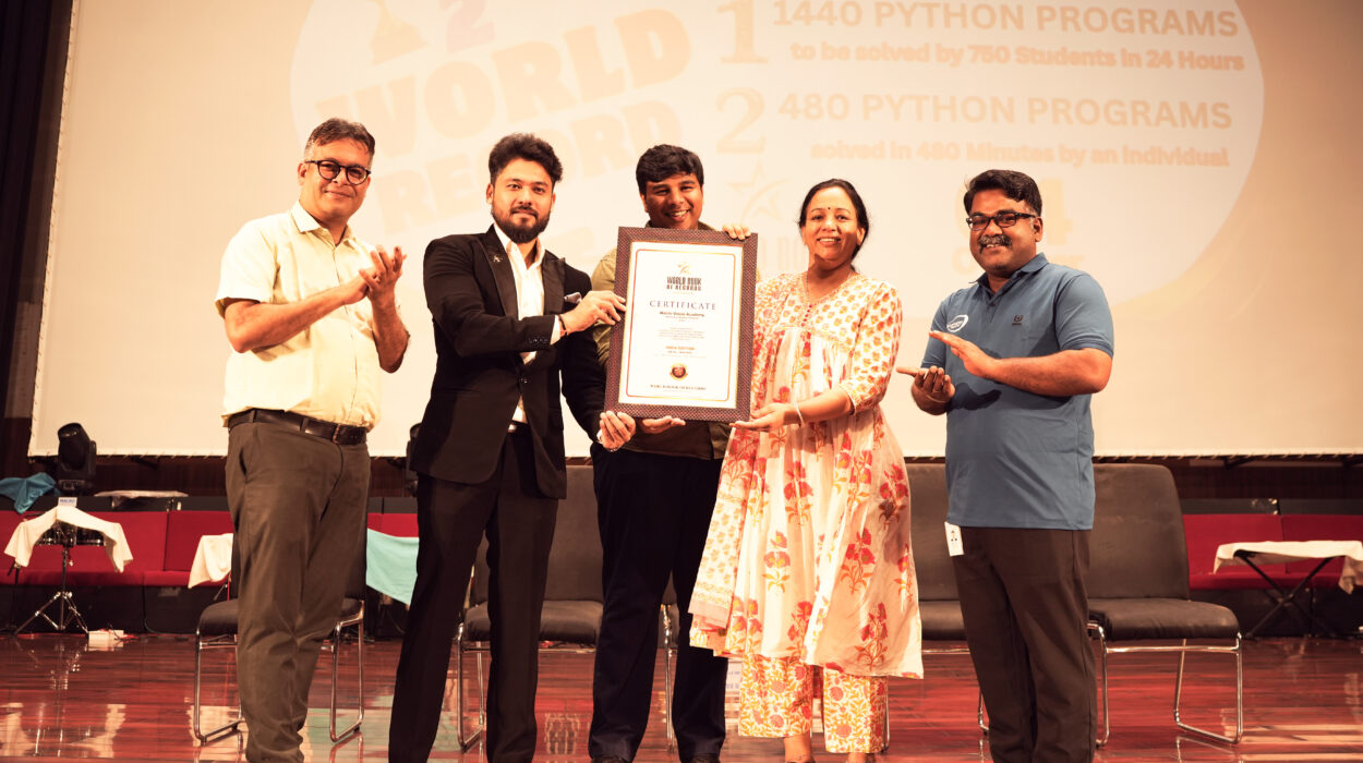 Macro Vision Academy, Burhanpur, has made history by securing a place in World Book of Records with two remarkable achievements in Python programming, showcasing the institution’s innovative spirit and dedication to excellence in education. In an extraordinary 24-hour coding marathon, 750 students successfully solved 1,440 Python programs from 7 AM on 3rd October 2025 to 7 AM on 4th October 2025. Continuing the momentum, the academy achieved another milestone the very next day, when 750 individuals completed 480 Python programs in 480 minutes setting a second world record for collective programming excellence.