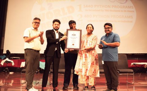 Macro Vision Academy, Burhanpur, has made history by securing a place in World Book of Records with two remarkable achievements in Python programming, showcasing the institution’s innovative spirit and dedication to excellence in education. In an extraordinary 24-hour coding marathon, 750 students successfully solved 1,440 Python programs from 7 AM on 3rd October 2025 to 7 AM on 4th October 2025. Continuing the momentum, the academy achieved another milestone the very next day, when 750 individuals completed 480 Python programs in 480 minutes setting a second world record for collective programming excellence.