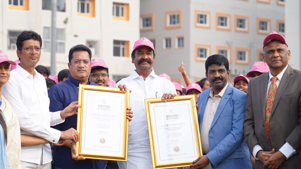 Human chain in the shape of a cancer awareness ribbon with over 10,000 students pledging against tobacco included in World Book of Records