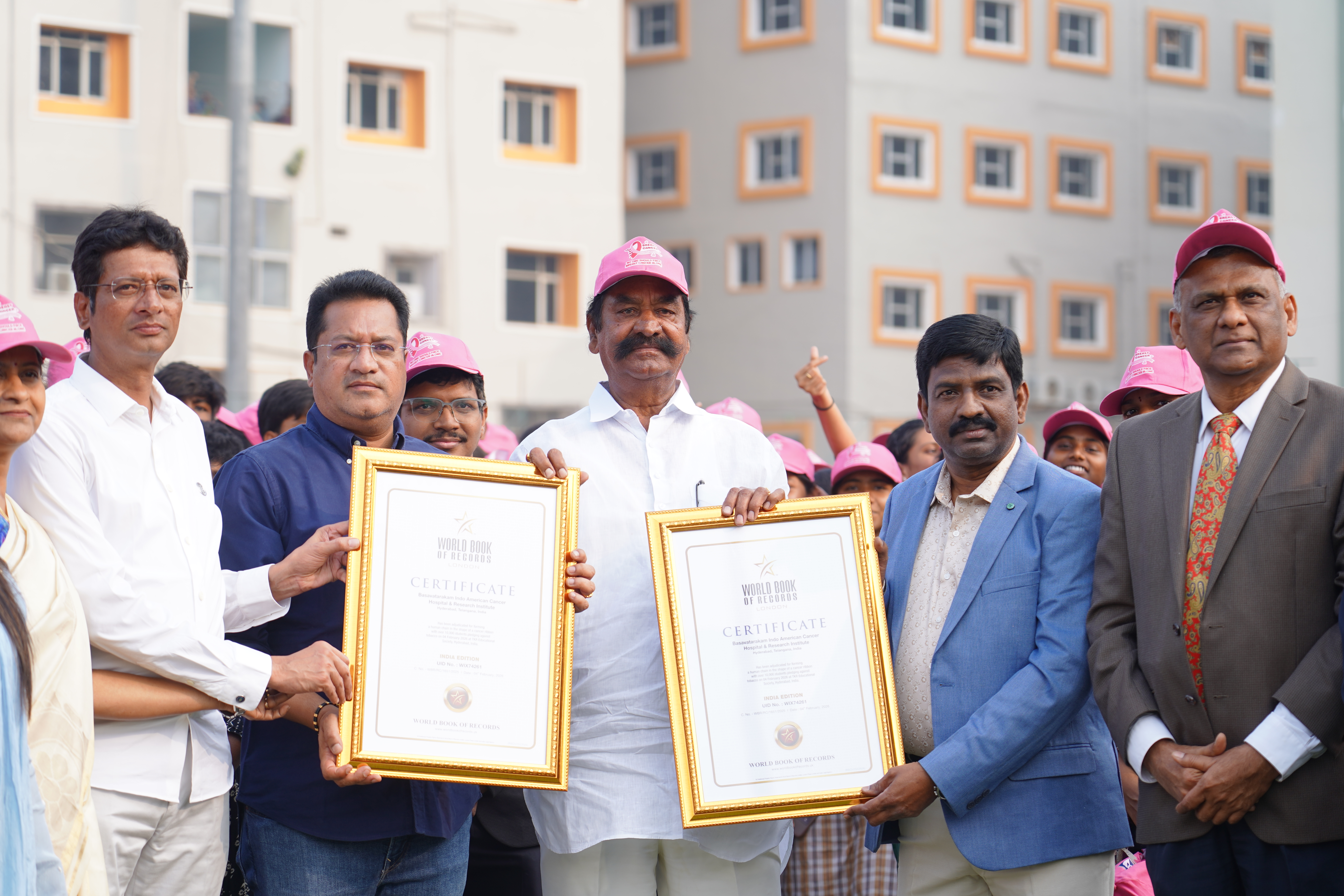 Human chain in the shape of a cancer awareness ribbon with over 10,000 students pledging against tobacco included in World Book of Records