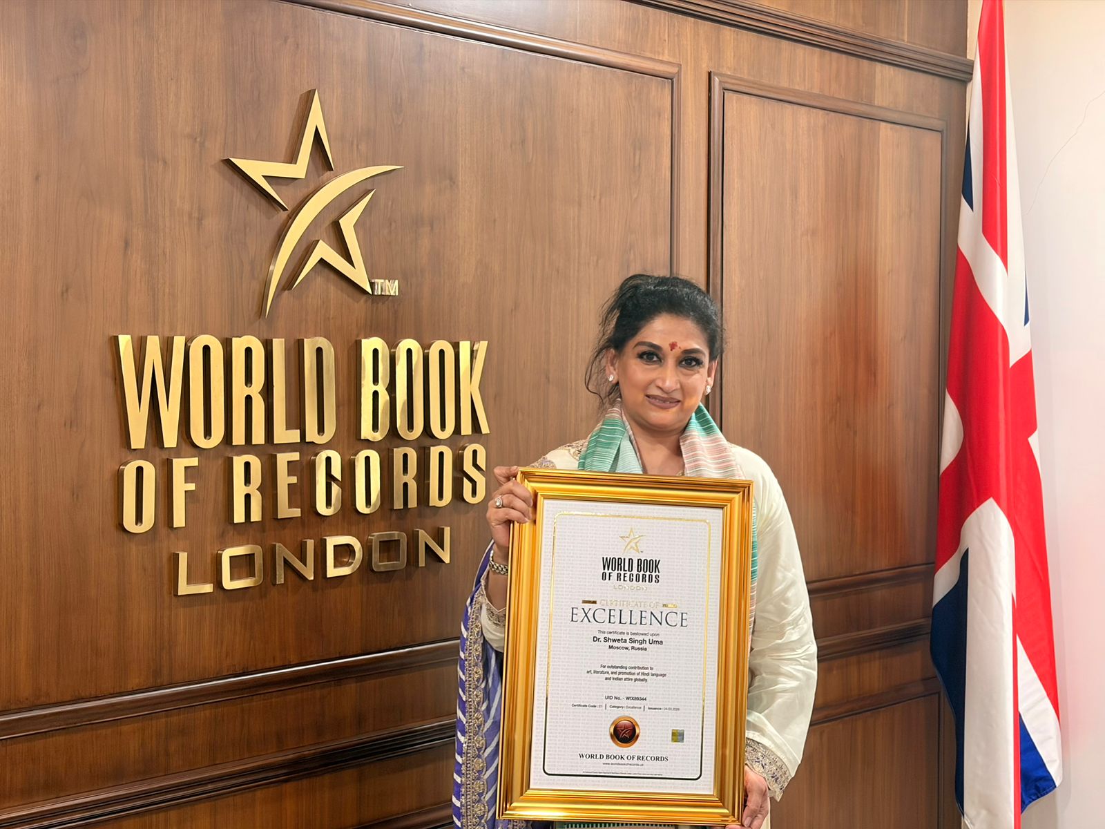 Dr. Shweta Singh Uma Honoured by World Book of Records for Global Promotion of Hindi and Arts