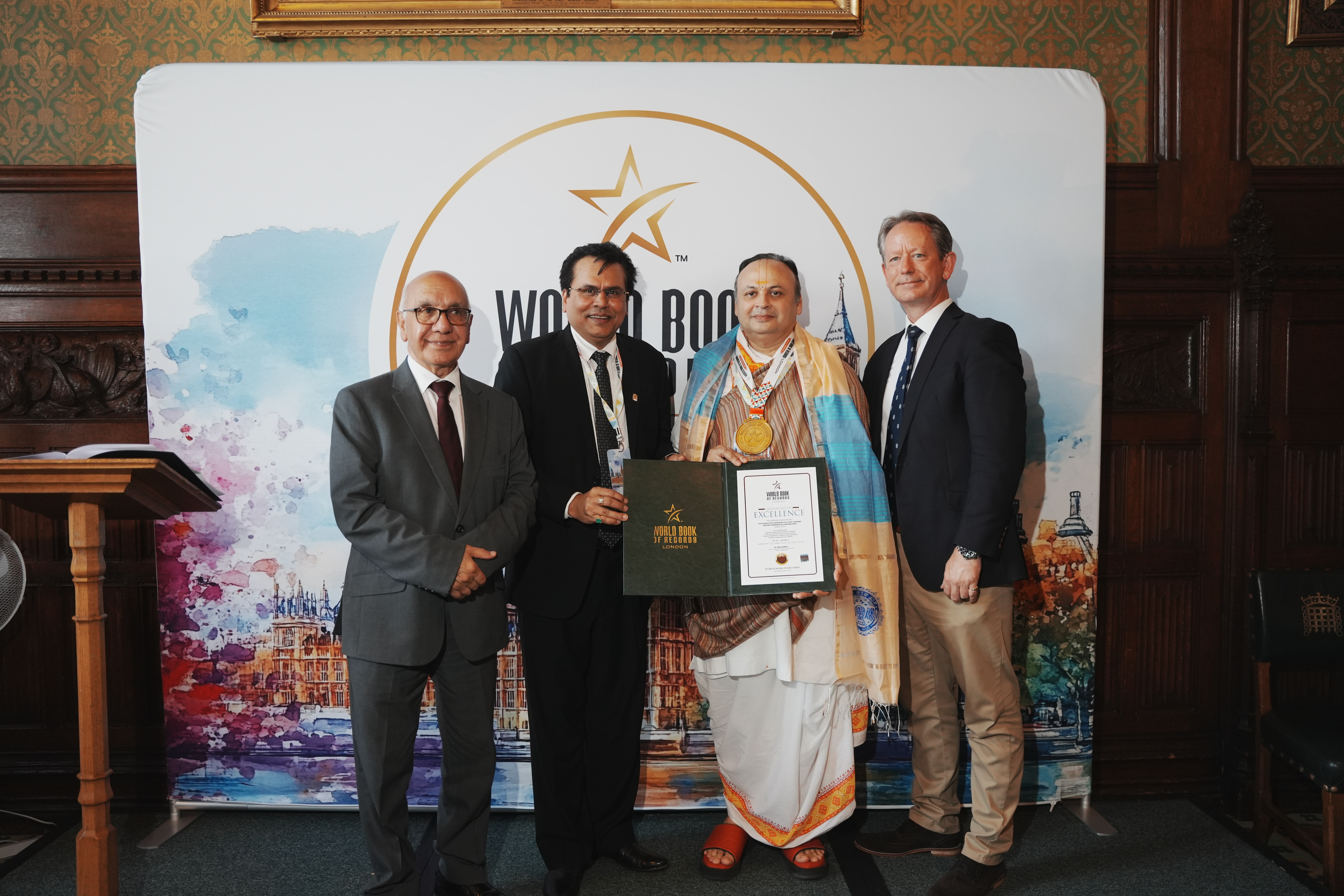 HDH Shashthpithadishwar Pujya Pad Goswami 108 Shri Dwarkeshlalji Maharajshri honoured at World Book of Records 10th Summit and Award Ceremony at UK Parliament